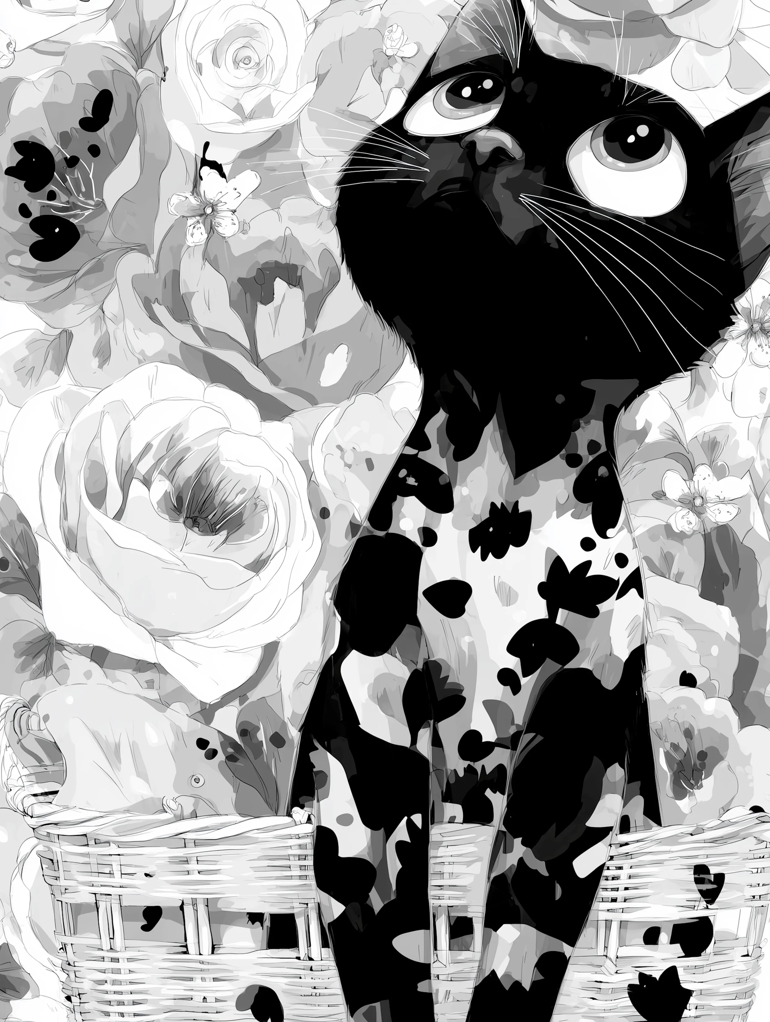 Free printable black cat coloring page for adults featuring looking up from a basket black cat